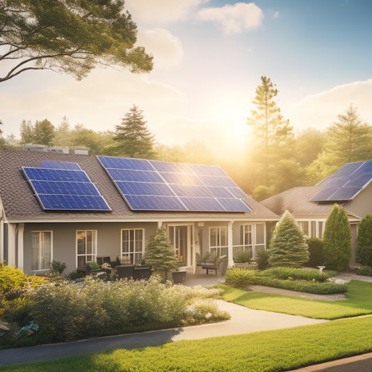 A serene residential landscape with solar panels angled on rooftops,/windows, and gardens, surrounded by lush greenery, amidst a bright blue sky with fluffy white clouds and a warm, golden sunlight.