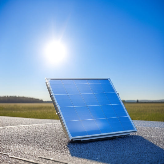 A futuristic, sleek portable solar panel with a reflective surface and adjustable tilt, set against a serene, cloudless blue sky with a subtle grid pattern in the background.