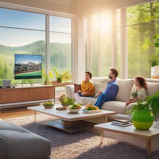 A cozy, modern living room with a sleek energy monitor displaying vibrant graphs. Sunlight streams through large windows, illuminating energy-efficient appliances and a family engaging in sustainable practices, surrounded by greenery.