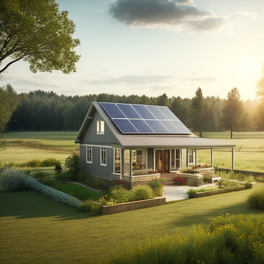 A serene, sun-drenched rural landscape with a small, modern solar panel array (5-10 panels) installed on a modest, pitched roof of a single-story farmhouse, surrounded by lush greenery.