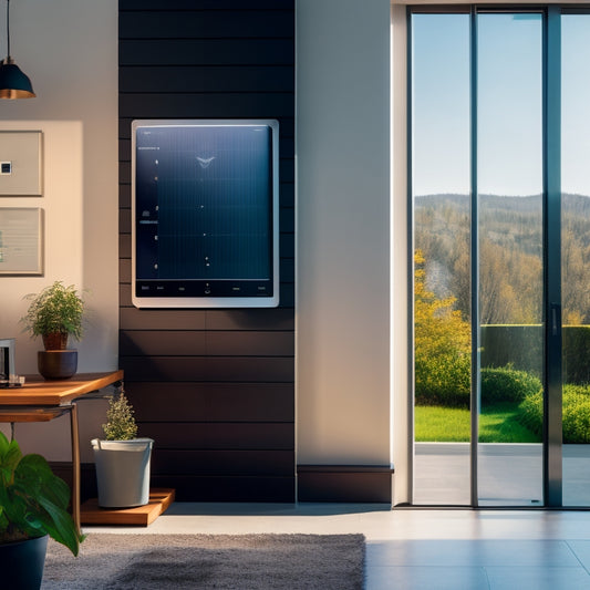 A modern, sleek home interior with a Tesla Powerwall and LG Chem RESU batteries mounted on a wall, surrounded by solar panels, a smart thermostat, and a tablet displaying energy usage data.