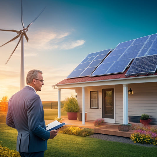 A illustration of a person holding a clipboard, standing in front of a house with solar panels on the roof, wind turbines in the background, and a meter showing a decreasing energy consumption graph.