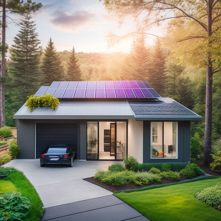 A serene, modern home with a rooftop solar panel array, surrounded by lush greenery, with a subtle glimpse of a basement or garage in the background, showcasing a row of sleek, high-tech deep cycle solar batteries.