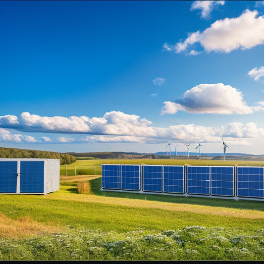 A vibrant landscape featuring sleek, modern energy storage units amidst solar panels and wind turbines, with sunlight glinting on the batteries, surrounded by lush greenery and blue skies, illustrating the harmony of technology and nature.