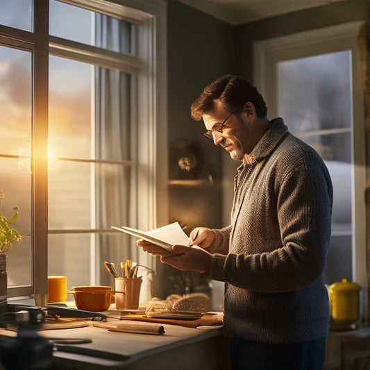 A person in a brightly lit home, holding a clipboard and pencil, standing in front of a window with a thermometer and a ladder nearby, surrounded by various energy-using appliances.