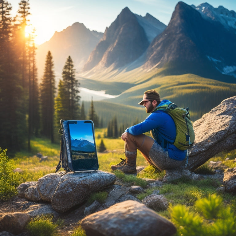 A rugged landscape with a hiker charging a smartphone using a solar panel, surrounded by mountains and pine trees, sunlight reflecting off the charger, showcasing adventure gear and nature's beauty.