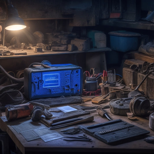 A dimly lit workshop with a cluttered workbench, featuring a partially disassembled inverter, scattered tools, and a multimeter displaying an error code, surrounded by scattered circuit diagrams and torn wires.