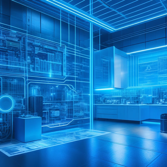 A futuristic, high-tech illustration of a building's interior, with glowing blue circuits and wires overlaid on walls, floors, and appliances, surrounded by tiny charts, graphs, and energy-efficient icons.