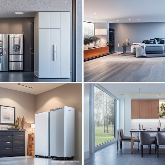 A modern home's interior with sleek, compact battery storage systems from top brands like Tesla, LG, and Sonnen, showcasing varied designs, sizes, and installation setups, amidst a minimalist background.