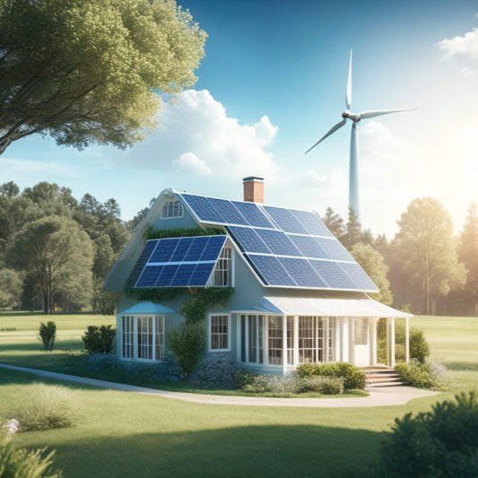 A serene illustration of a house surrounded by lush greenery, with solar panels on the roof and a wind turbine in the distance, set against a bright blue sky with puffy white clouds.