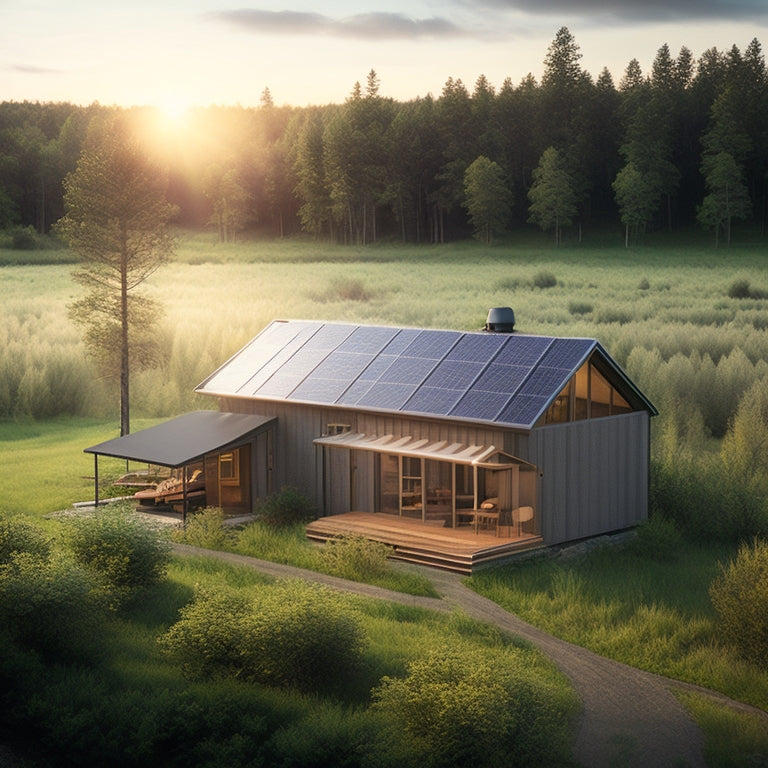 A serene rural landscape with a modern off-grid cabin, surrounded by lush greenery, featuring a rooftop solar array, a sleek battery storage unit, and a subtle power distribution system.