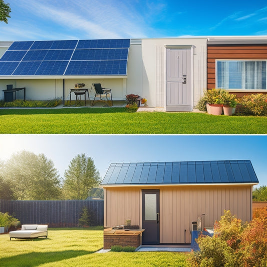 A split-screen image with a sunny backyard featuring a rooftop solar panel array on one side and a sleek, modern battery storage unit on the other, with a subtle grid pattern in the background.
