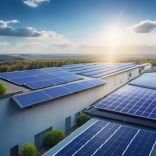 A photorealistic image of a modern residential rooftop covered with sleek, black solar power panels, angled at 30 degrees, with a few panels slightly ajar, set against a bright blue sky with fluffy white clouds.