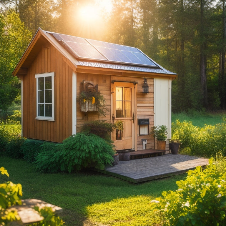 A cozy tiny house surrounded by greenery, featuring a solar panel on the roof, a battery storage unit beside it, and an inverter mounted on a wooden wall, all bathed in warm sunlight.