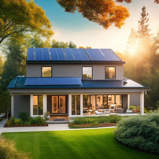 A serene suburban home with a sloping roof, surrounded by lush greenery, featuring a sleek solar panel array installed on the south-facing roof, with a few panels slightly angled for optimal energy harnessing.