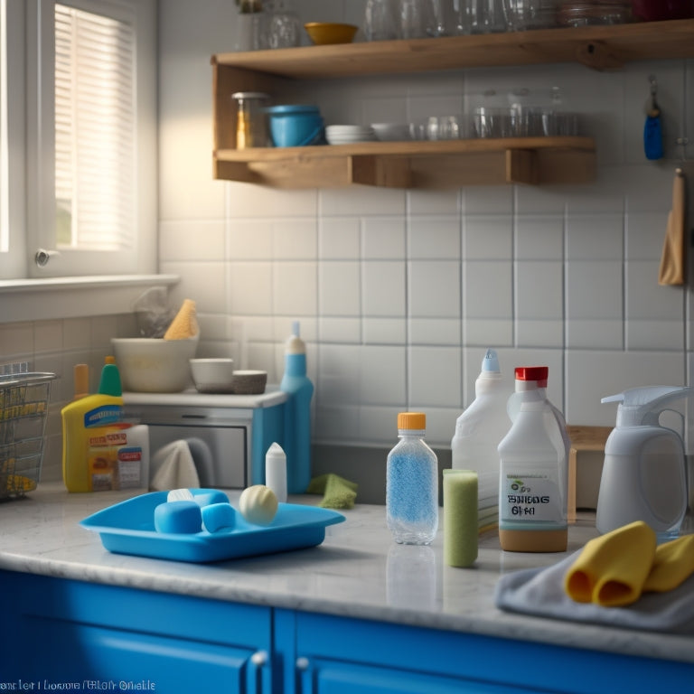 A tidy, well-lit kitchen with a calendar on the wall, a sink with soap bubbles, a mop leaning against the counter, and a few cleaning supplies organized on a shelf.