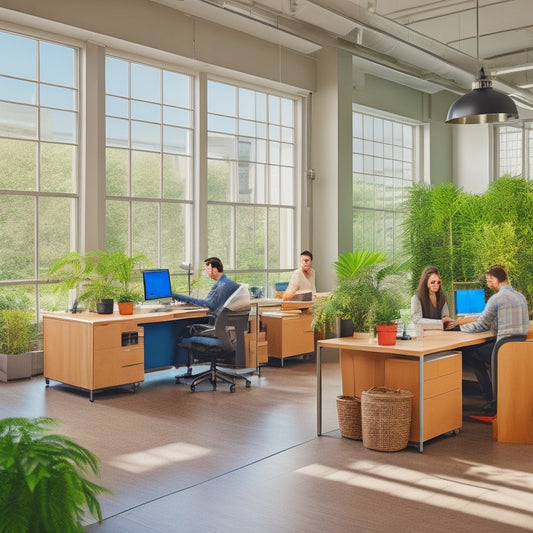A bright, modern office space with energy-efficient lighting, solar panels on the roof, and a few employees working on laptops with plants nearby, surrounded by recycling bins and a minimalist decor.