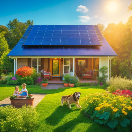 A sunlit suburban home with solar panels on the roof, surrounded by lush greenery, flourishing flowers, and a blue sky. A family enjoys the outdoors, showcasing harmony between nature and renewable energy.
