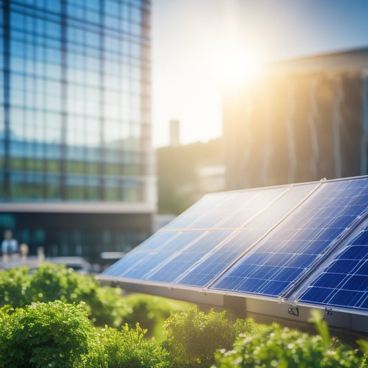 A close-up view of a transparent solar panel integrated into a modern glass building, sunlight filtering through, reflecting vibrant cityscape colors, with greenery in the foreground, emphasizing energy efficiency and innovation.