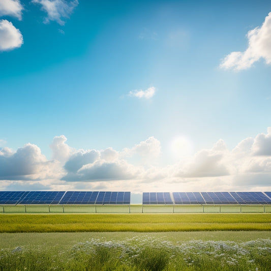 A serene landscape with multiple freestanding solar panels, varying in size, standing upright in a lush green field, surrounded by fluffy white clouds and a bright blue sky.