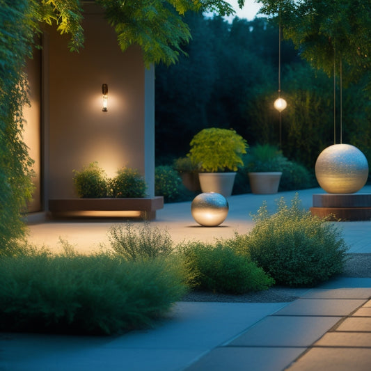 A serene evening scene featuring a sleek, minimalist patio with a statement light installation: suspended orbs of soft, warm glow amidst lush greenery and polished stone flooring.