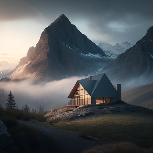 A serene mountain landscape with a modern, angular cabin in the foreground, featuring a mix of high-performance panels in varying textures, colors, and patterns, set against a misty, dawn-lit sky.
