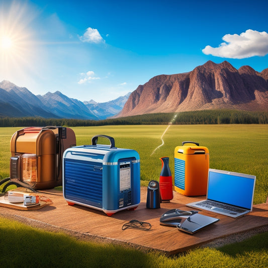 A vibrant illustration of a portable power station surrounded by various home appliances, including a laptop, lamp, and mini fridge, amidst a scenic outdoor background with lush greenery and a sunny sky.