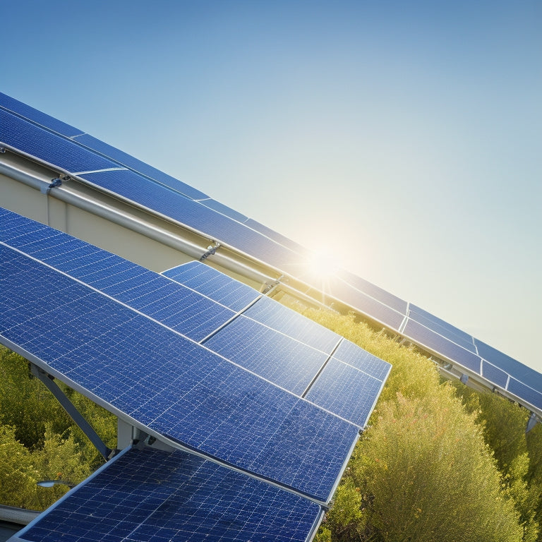 A close-up of various adjustable solar panel brackets mounted on a rooftop, casting shadows. Surrounding them, lush greenery and a bright blue sky, showcasing the sun's rays illuminating the panels for optimal energy harvesting.