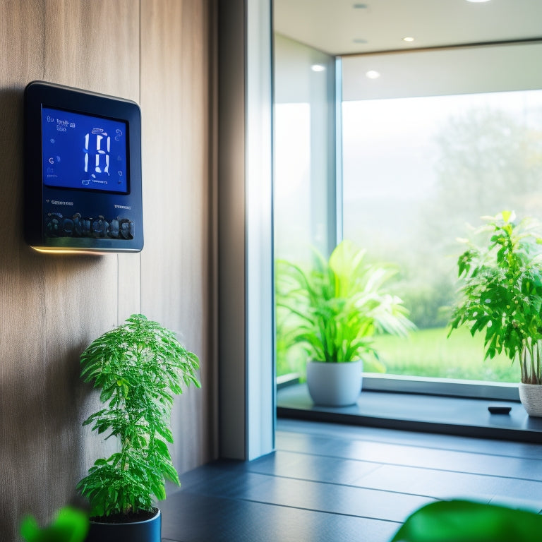 A sleek, modern home interior featuring a stylish programmable thermostat on the wall, energy-efficient appliances, and a cozy living space with plants, sunlight streaming through windows, and a digital display showcasing temperature settings.