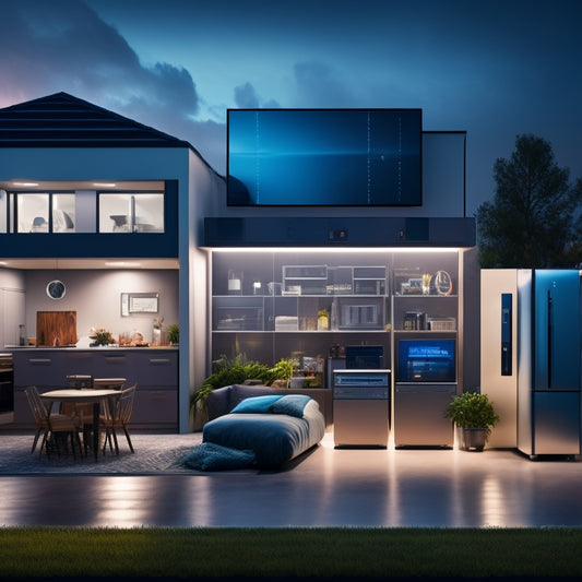 An illustration of a modern home with a sleek, compact battery system installed in the background, surrounded by icons of protected devices (laptops, phones, refrigerators) during a stormy night.