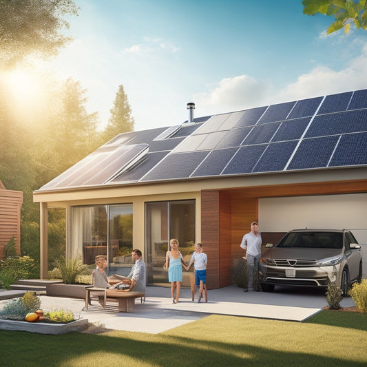 A stylized illustration of a modern eco-friendly home with solar panels on the roof, a battery storage system in the garage, and a happy family enjoying a sunny day in the backyard.
