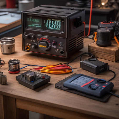 A sleek, modern DC to AC converter on a wooden workbench, with visible circuit board components, glowing LED indicators, and energy flow arrows, surrounded by tools, wires, and a digital multimeter.