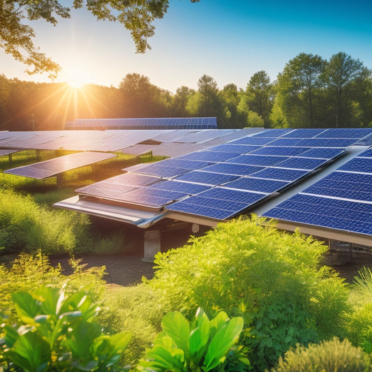 A bright landscape featuring solar panels glistening under the sun, surrounded by lush greenery. Include a clear blue sky, a close-up of sunlight reflecting on the panels, and tools for cleaning and maintenance nearby.