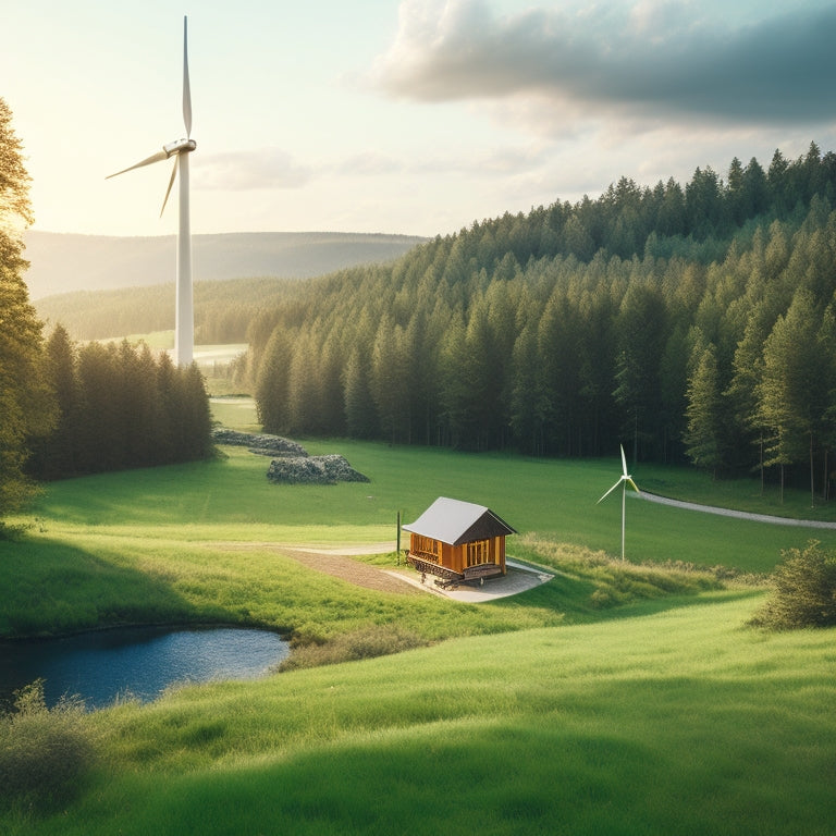 A serene landscape with a modern, sustainable cabin in the distance, surrounded by a lush green forest, with a wind turbine and solar panels generating power in harmony with nature.