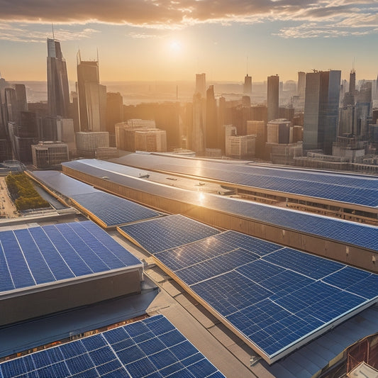 An aerial view of a commercial building rooftop with row upon row of sleek, black solar panels, angled to catch the sun's rays, surrounded by a cityscape with towering skyscrapers.