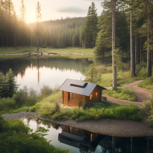A serene off-grid cabin surrounded by dense forest, with a sloping metal roof covered in solar panels, a small wind turbine in the distance, and a meandering dirt path leading to a tranquil lake.