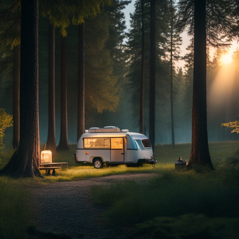 A serene forest campsite at dusk, with a camper van and a tent illuminated by soft lantern light, surrounded by trees and a subtle solar panel setup in the background.