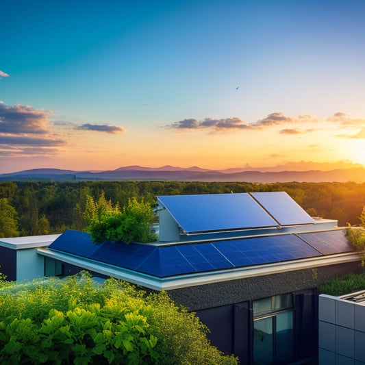 A modern, sleek rooftop with solar panels installed, surrounded by lush greenery, with a subtle glow emanating from the battery backup unit in the foreground, set against a bright blue sky with few wispy clouds.