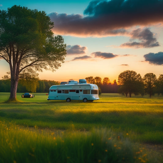 A serene landscape depicting a lone RV parked amidst a lush green meadow, surrounded by towering trees, with a subtle sunset glow, and a few wispy clouds scattered across the sky.