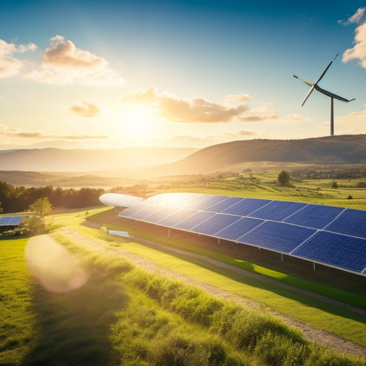 A serene landscape featuring solar panels on a sunlit rooftop, wind turbines gracefully turning on a hill, lush green gardens, and a rainwater collection system, all under a bright blue sky with fluffy clouds.