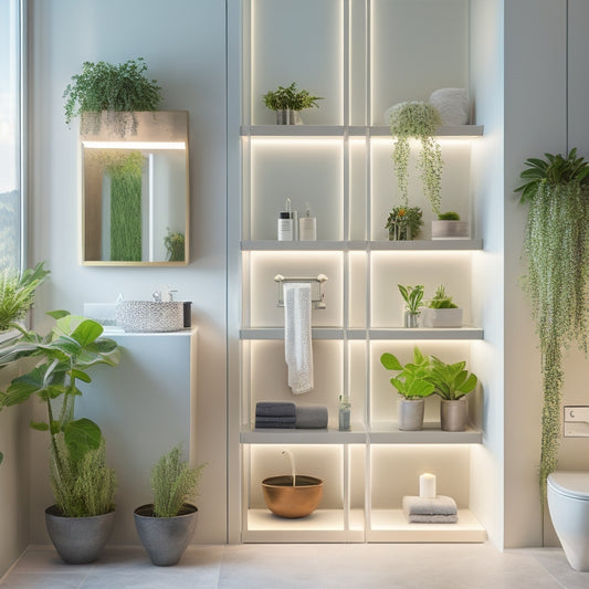 A serene, modern bathroom with sleek, minimalist shelving units adorned with lush greenery, illuminated by soft, warm light emanating from solar-powered strips integrated into the shelves.