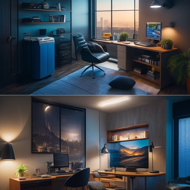 A dimly lit, compact apartment space transformed into a solar-powered man cave, featuring a sleek, curved gaming desk, a floor-to-ceiling solar panel, and a minimalist, industrial-chic decor.