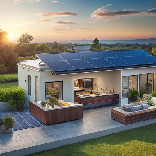 A serene rooftop scene with a sleek, modern house, solar panels installed, and various essential home appliances (refrigerator, stove, washing machine) powered by the solar kit in the background.