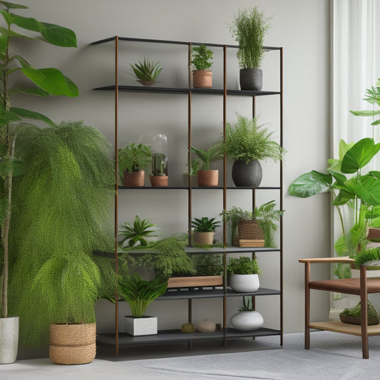 A modern, minimalist shelving unit with a wooden frame, metal accents, and built-in solar panels on top, surrounded by lush green plants and sleek, modern decorative items.