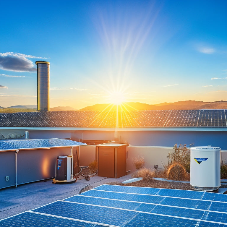 A sunlit rooftop featuring sleek solar water heaters, with installation tools scattered nearby, a professional technician working, and a beautiful blue sky in the background, emphasizing energy efficiency and modern technology.