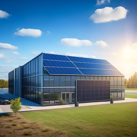 A photorealistic illustration of a modern office building with a sleek, black solar panel array installed on its rooftop, set against a clear blue sky with fluffy white clouds.