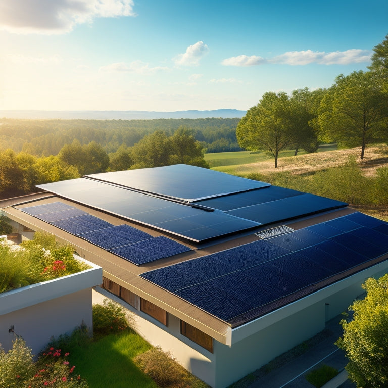 A serene, modern rooftop with sleek, black solar panels seamlessly integrated into the shingles, surrounded by lush greenery and a clear blue sky with a few puffy white clouds.