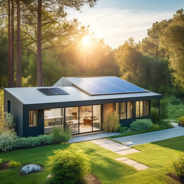 A serene, modern home surrounded by lush greenery, with sleek, high-efficiency solar panels installed on the roof, angled to maximize sunlight absorption, alongside a compact, sleek energy storage unit in the yard.