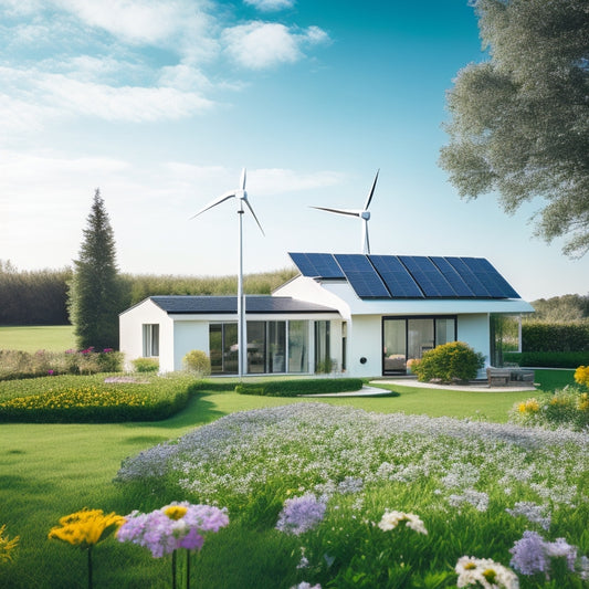 A serene, modern home with a lush green lawn and a solar panel roof, surrounded by blooming flowers and a small wind turbine, with a subtle background of a sunny sky with fluffy white clouds.