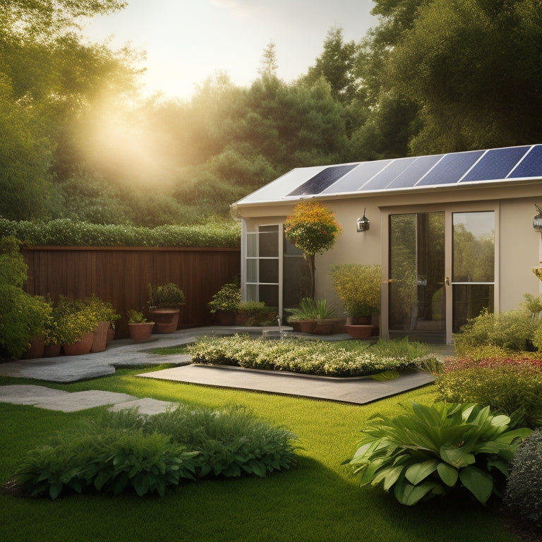 A serene backyard with a small, sleek solar panel array (4-6 panels) installed on a roof or mounted on a ground rack, surrounded by lush greenery and a few potted plants.
